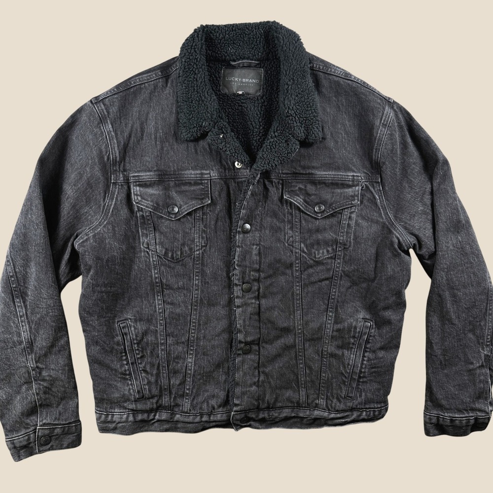 Lucky Brand Trucker Jacket‎ Men Xl Black Denim Sherpa Fleece Lined Western Retro